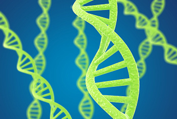 Hélices de ADN verdes sobre un fondo azul.