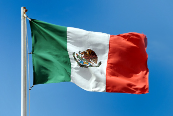 Bandera nacional mexicana ondeando en el viento contra el cielo.