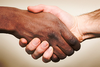 Estrechar la mano de dos seres humanos de diferentes grupos étnicos.