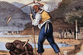 Pintura de un hombre de raza blanca golpear a un esclavo.